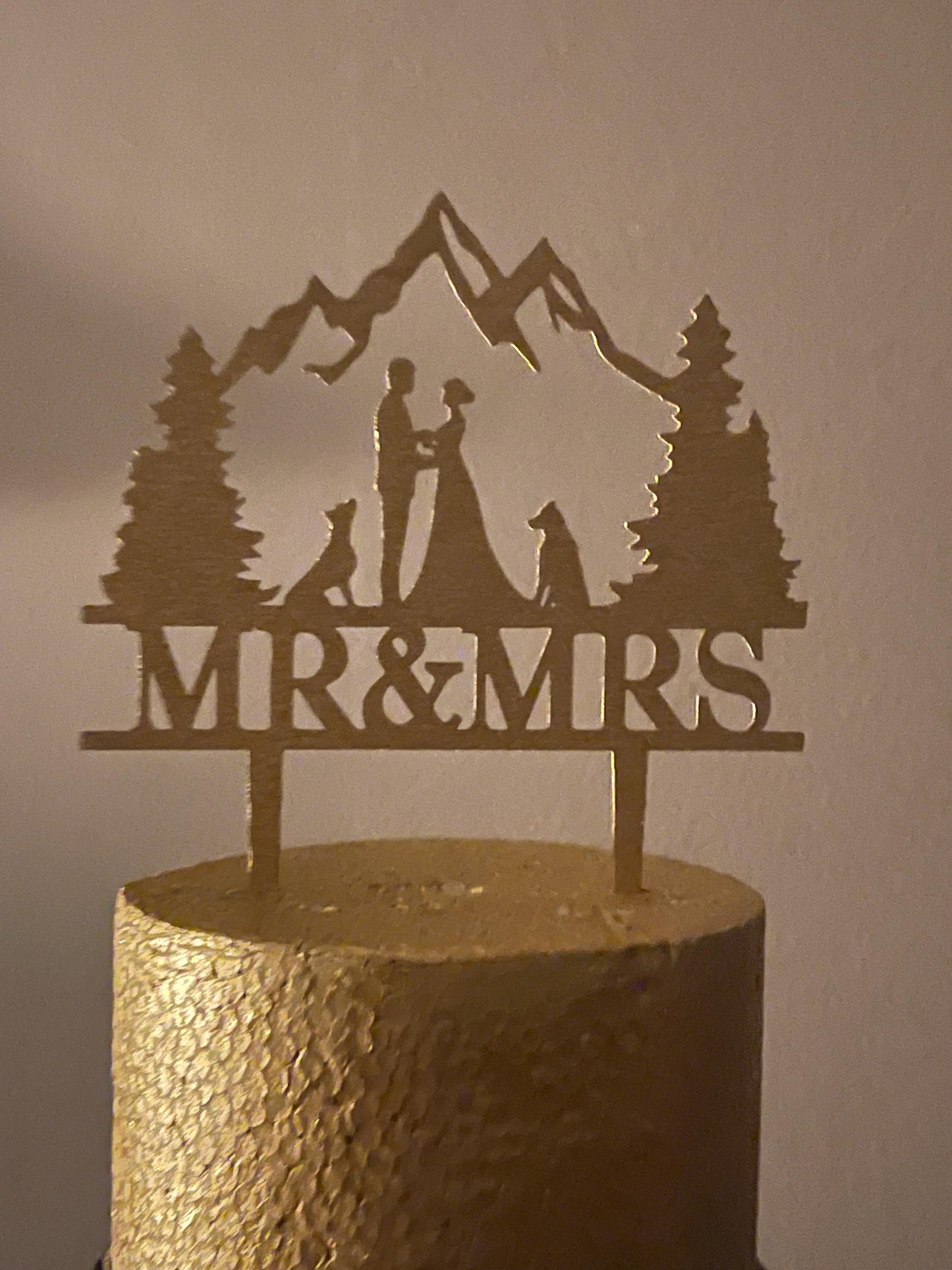 Personalized Wedding Cake Topper Rustic Mountain Cake Topper Custom Silhouette Couple with Dog | Bride and Groom Cake Topper Anniversary