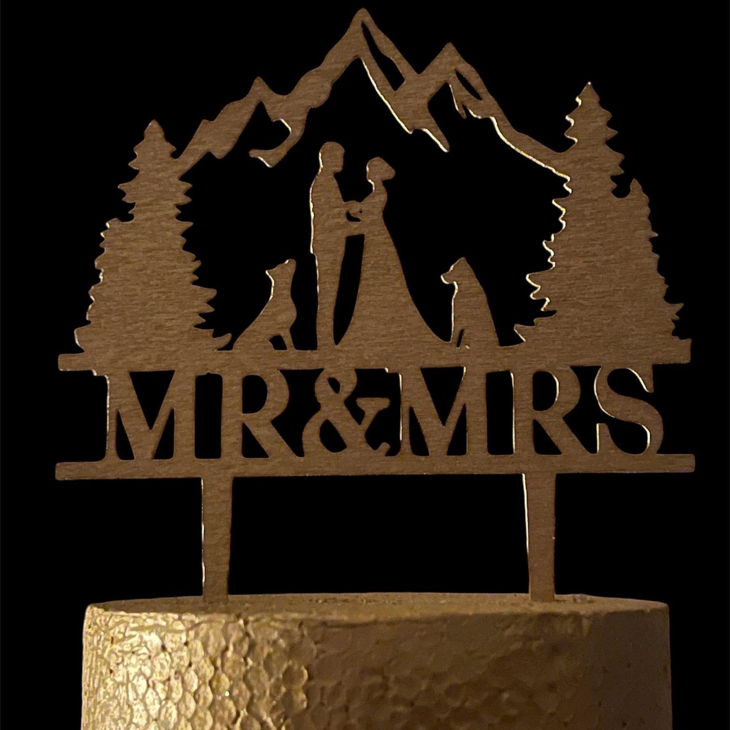 Personalized Wedding Cake Topper Rustic Mountain Cake Topper Custom Silhouette Couple with Dog | Bride and Groom Cake Topper Anniversary