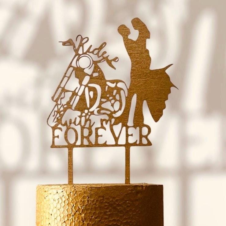 Wedding Cake Topper | Biker couple cake topper |Mr and Mrs Cake topper |Ride with me forever Rustic Cake topper