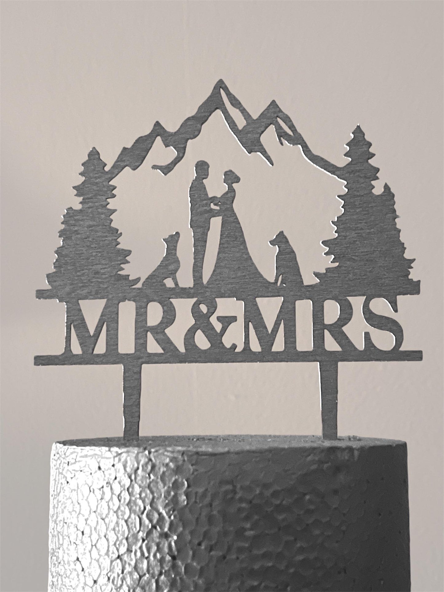 Personalized Wedding Cake Topper Rustic Mountain Cake Topper Custom Silhouette Couple with Dog | Bride and Groom Cake Topper Anniversary