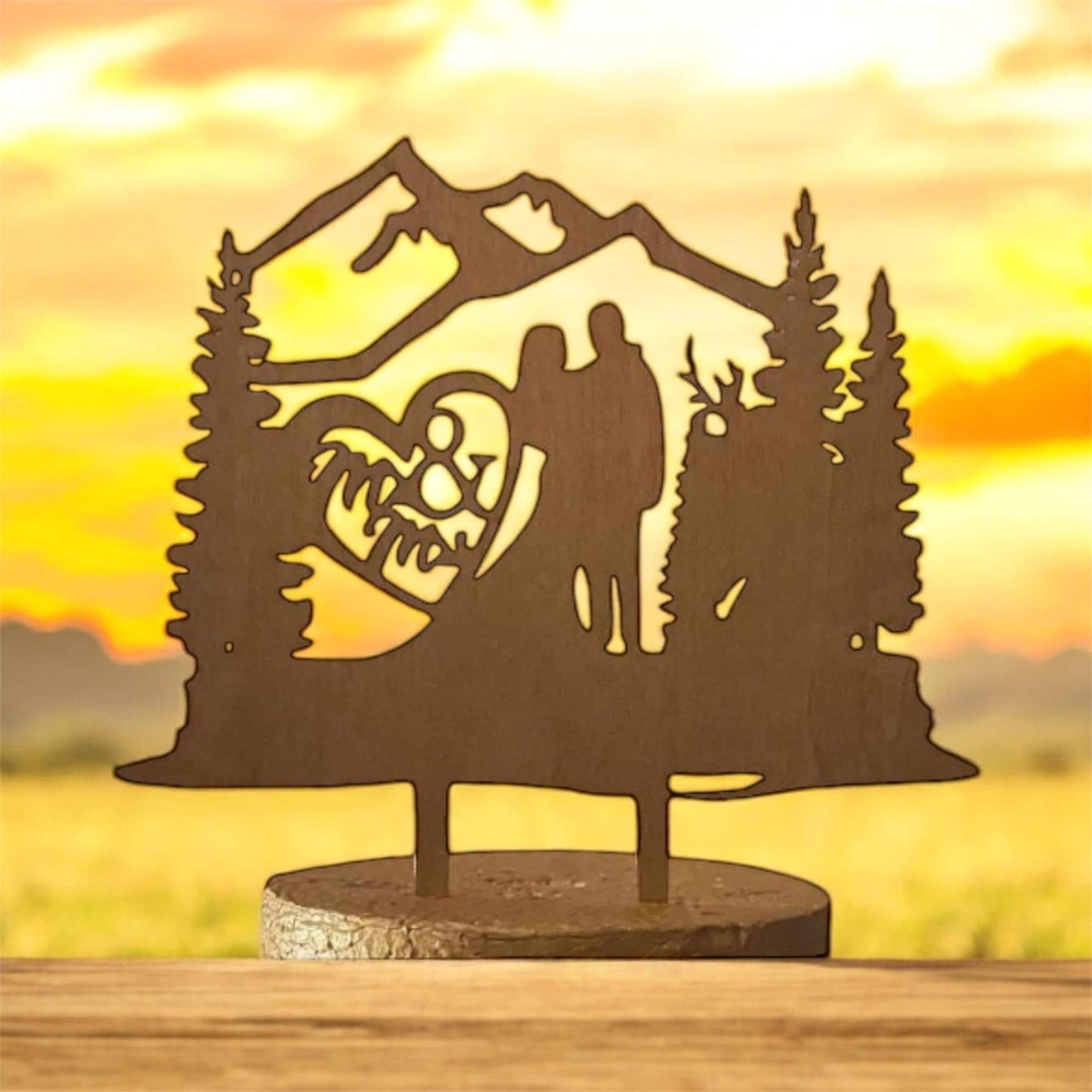 Personalized Wedding Cake Topper Rustic Mountain Cake Topper Custom Silhouette Couple Cake Topper Bride and Groom Cake Topper Anniversary