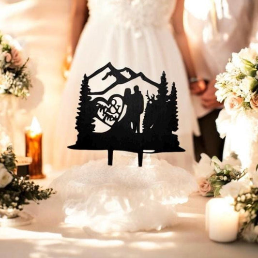 Personalized Wedding Cake Topper Rustic Mountain Cake Topper Custom Silhouette Couple Cake Topper Bride and Groom Cake Topper Anniversary