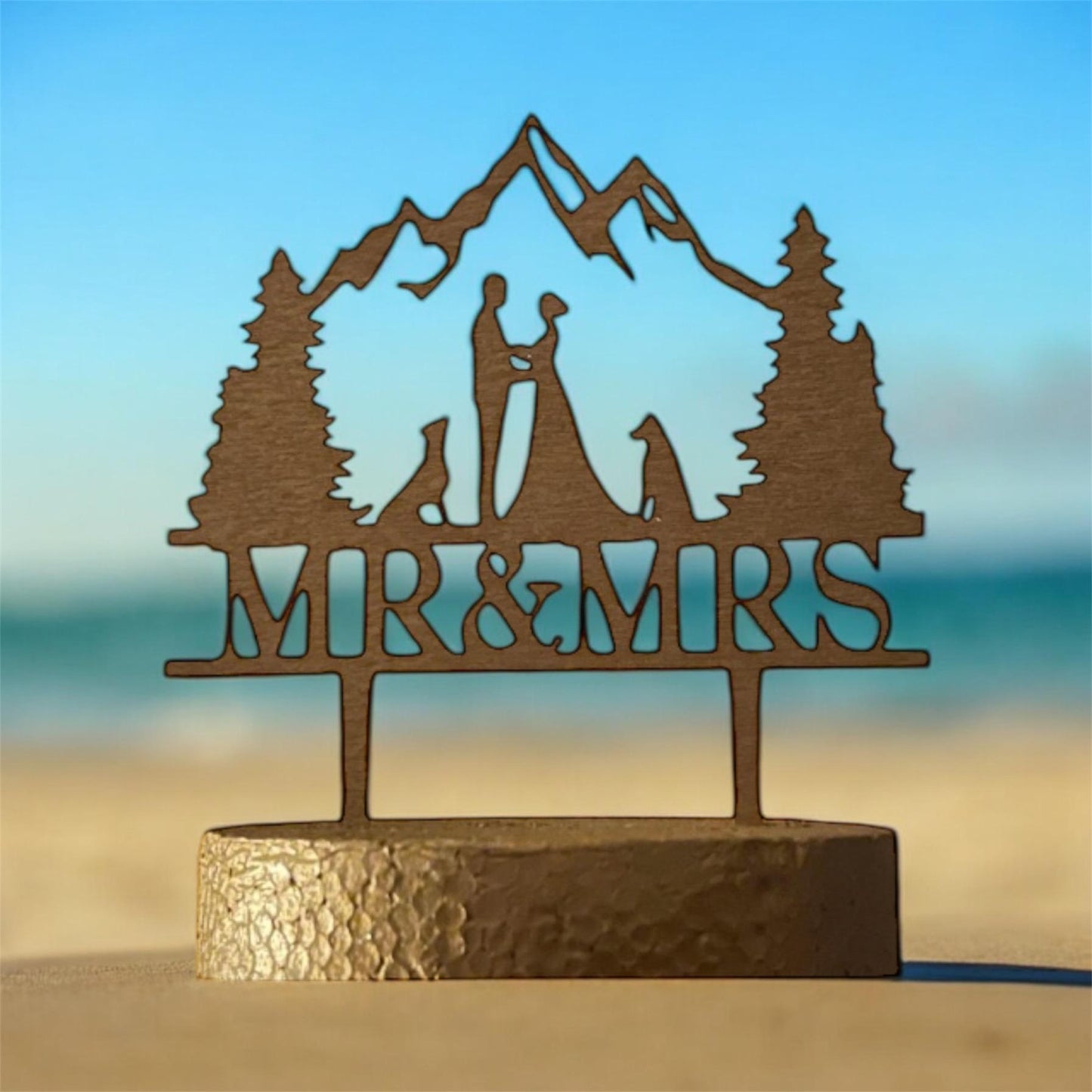 Personalized Wedding Cake Topper Rustic Mountain Cake Topper Custom Silhouette Couple with Dog | Bride and Groom Cake Topper Anniversary