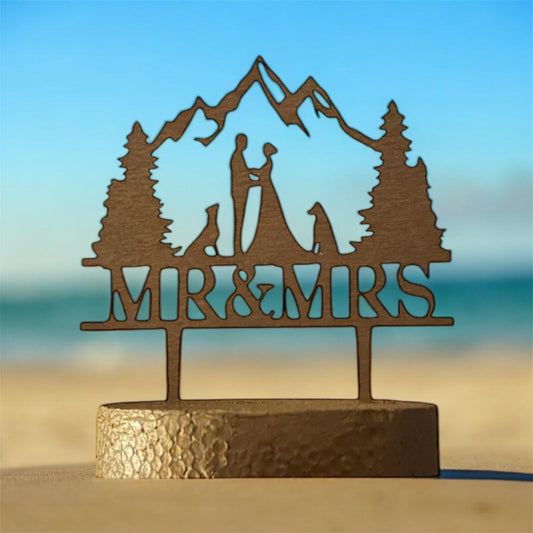 Personalized Wedding Cake Topper Rustic Mountain Cake Topper Custom Silhouette Couple with Dog | Bride and Groom Cake Topper Anniversary