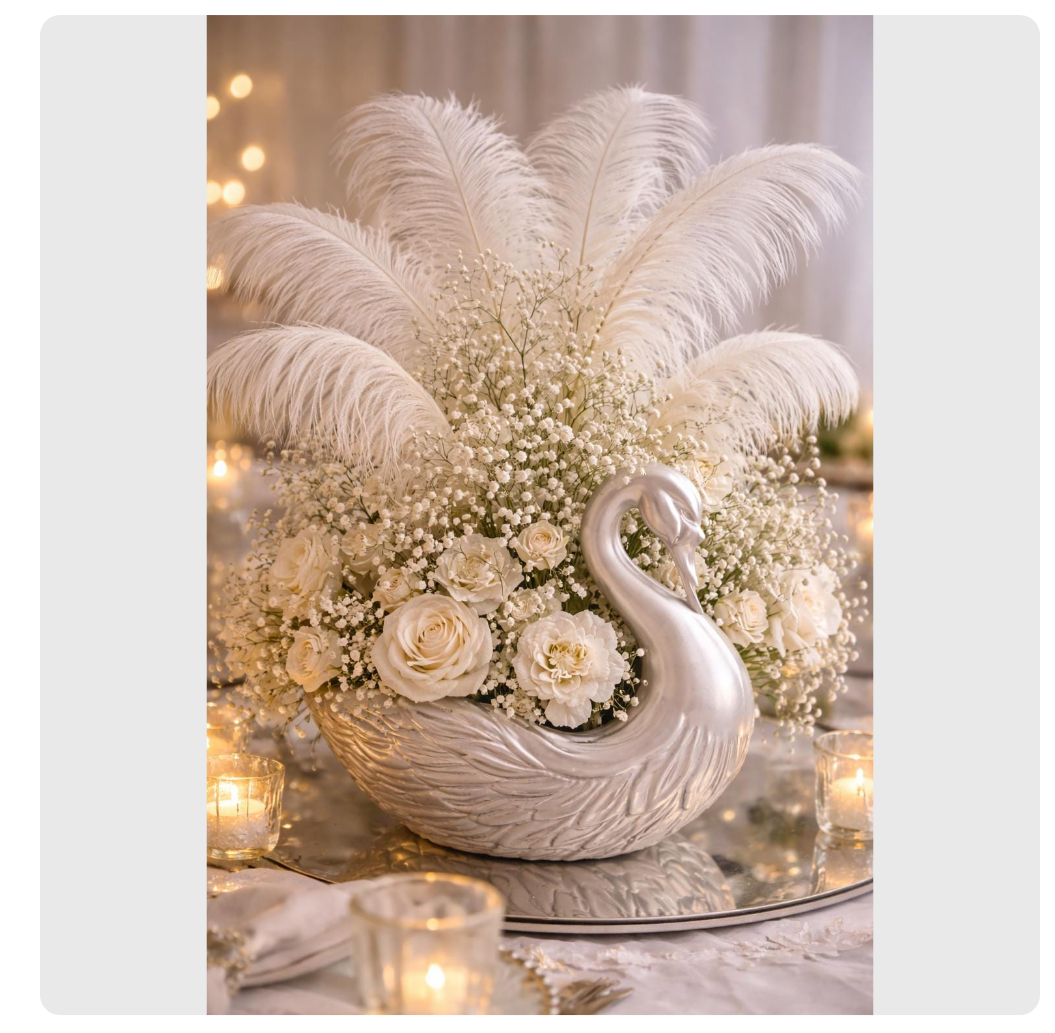Elegant Swan Centerpiece | Wedding Table Decor with Feathers & Floral Arrangement
