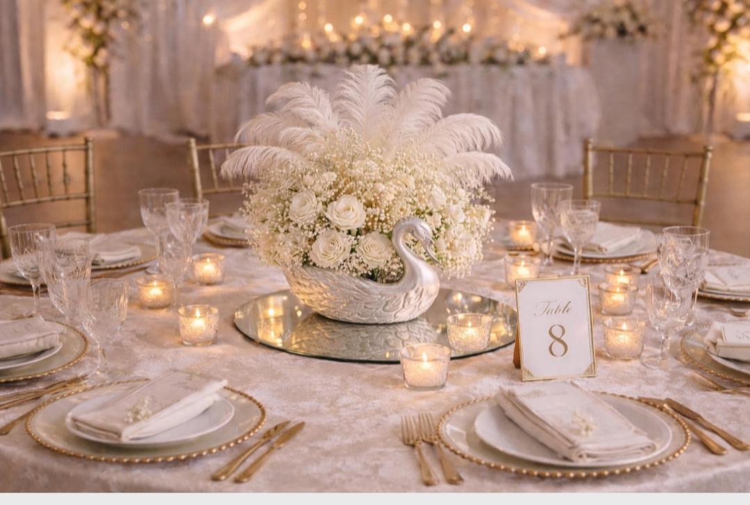 Elegant Swan Centerpiece | Wedding Table Decor with Feathers & Floral Arrangement
