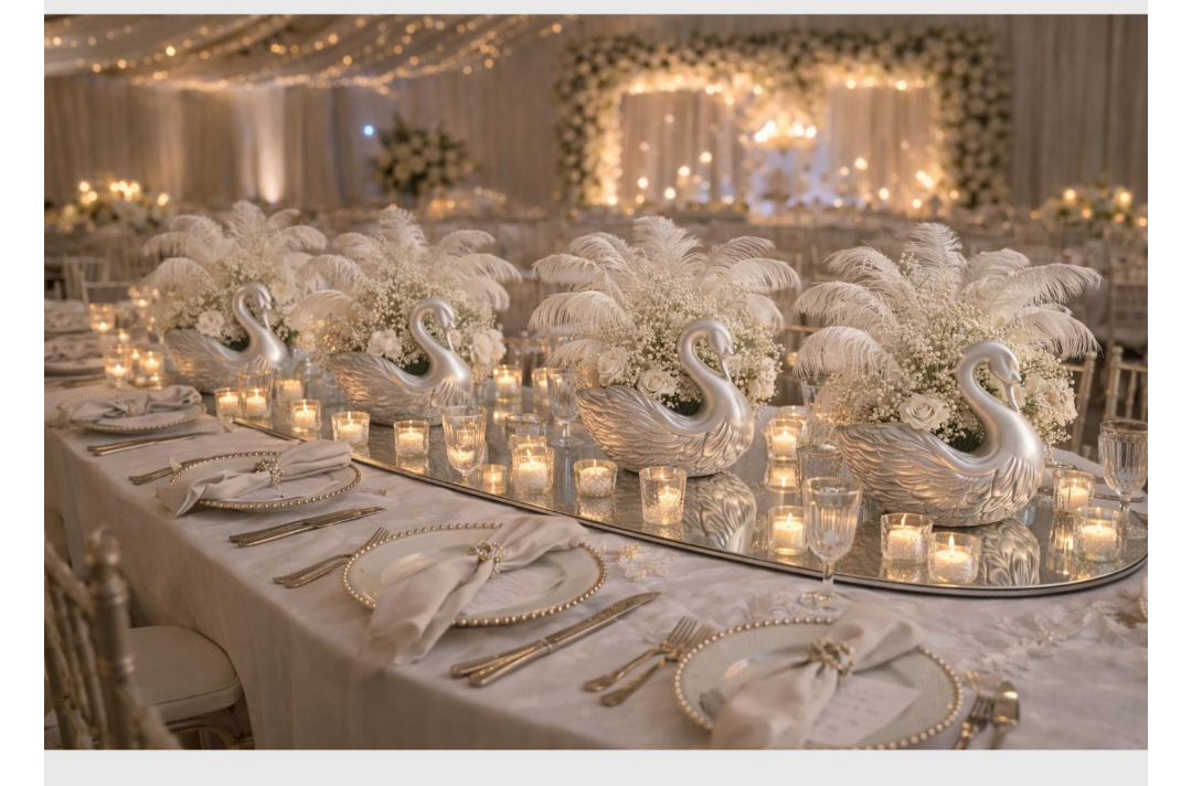 Elegant Swan Centerpiece | Wedding Table Decor with Feathers & Floral Arrangement