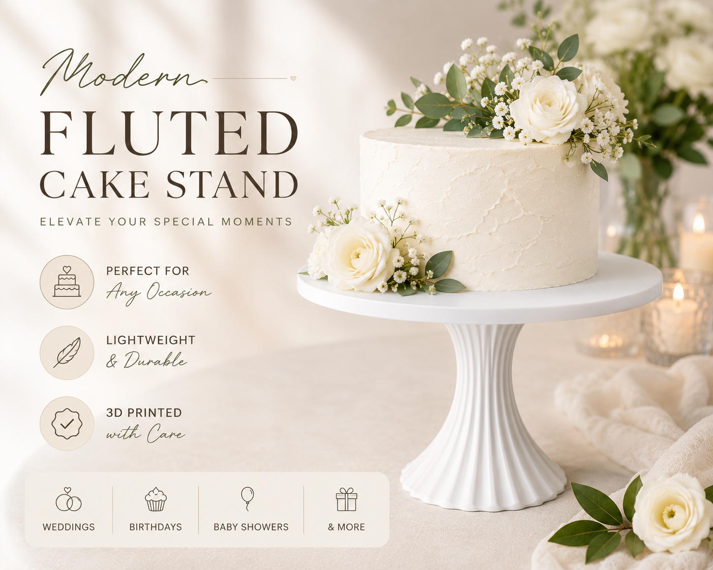 Modern Fluted Cake Stand, 3D Printed Pedestal Display, Wedding Dessert Table