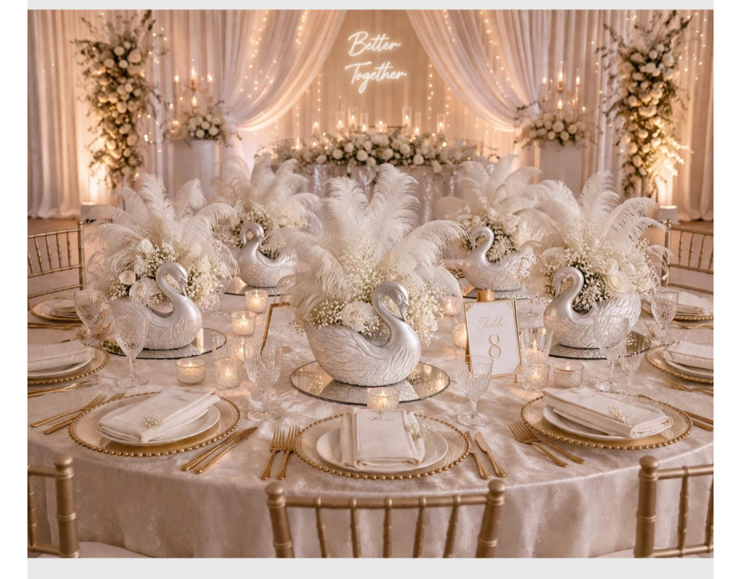 Elegant Swan Centerpiece | Wedding Table Decor with Feathers & Floral Arrangement