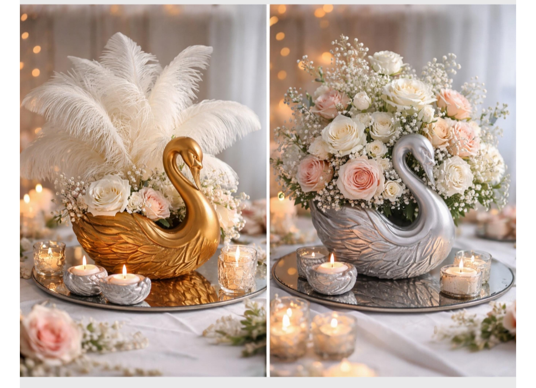 Elegant Swan Centerpiece | Wedding Table Decor with Feathers & Floral Arrangement